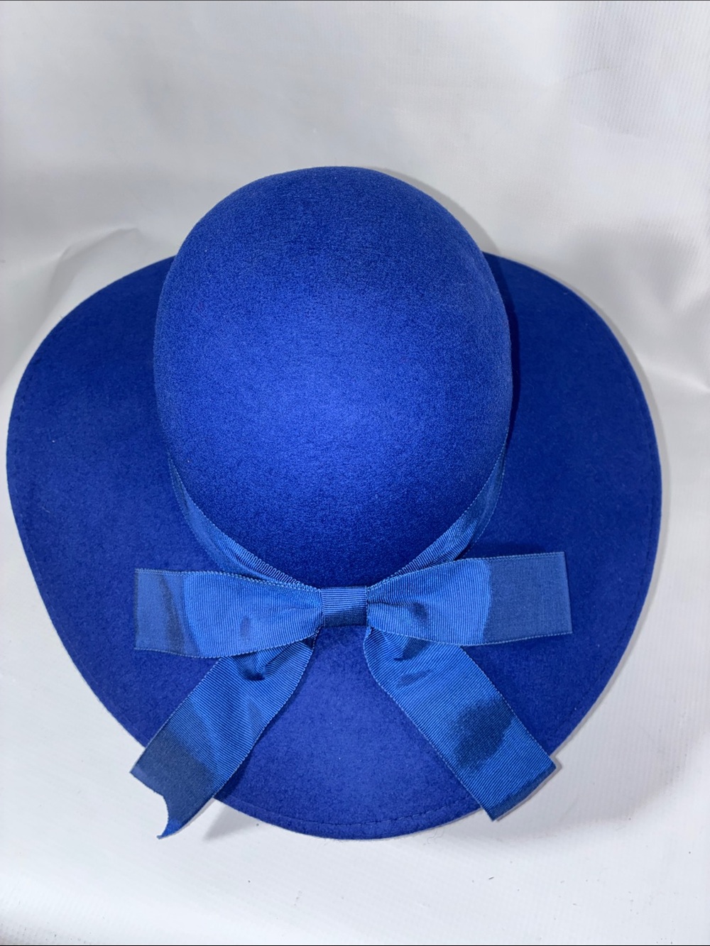 Vintage Royal Blue Wide-Brim Wool Felt Hat with Ribbon Bow